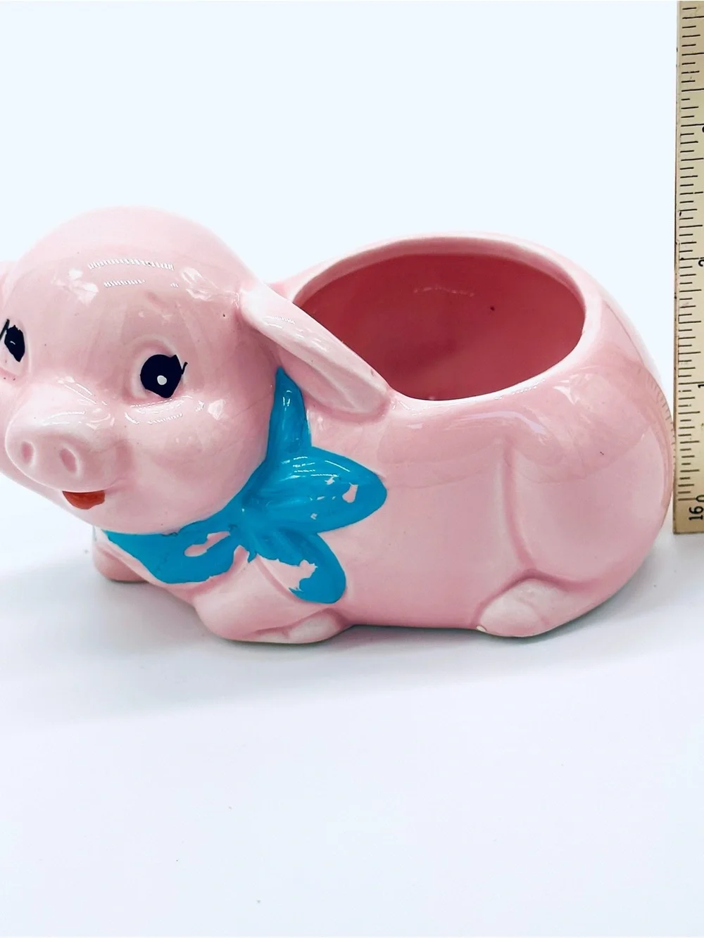 Pink Ceramic Pig Planter with Blue Scarf